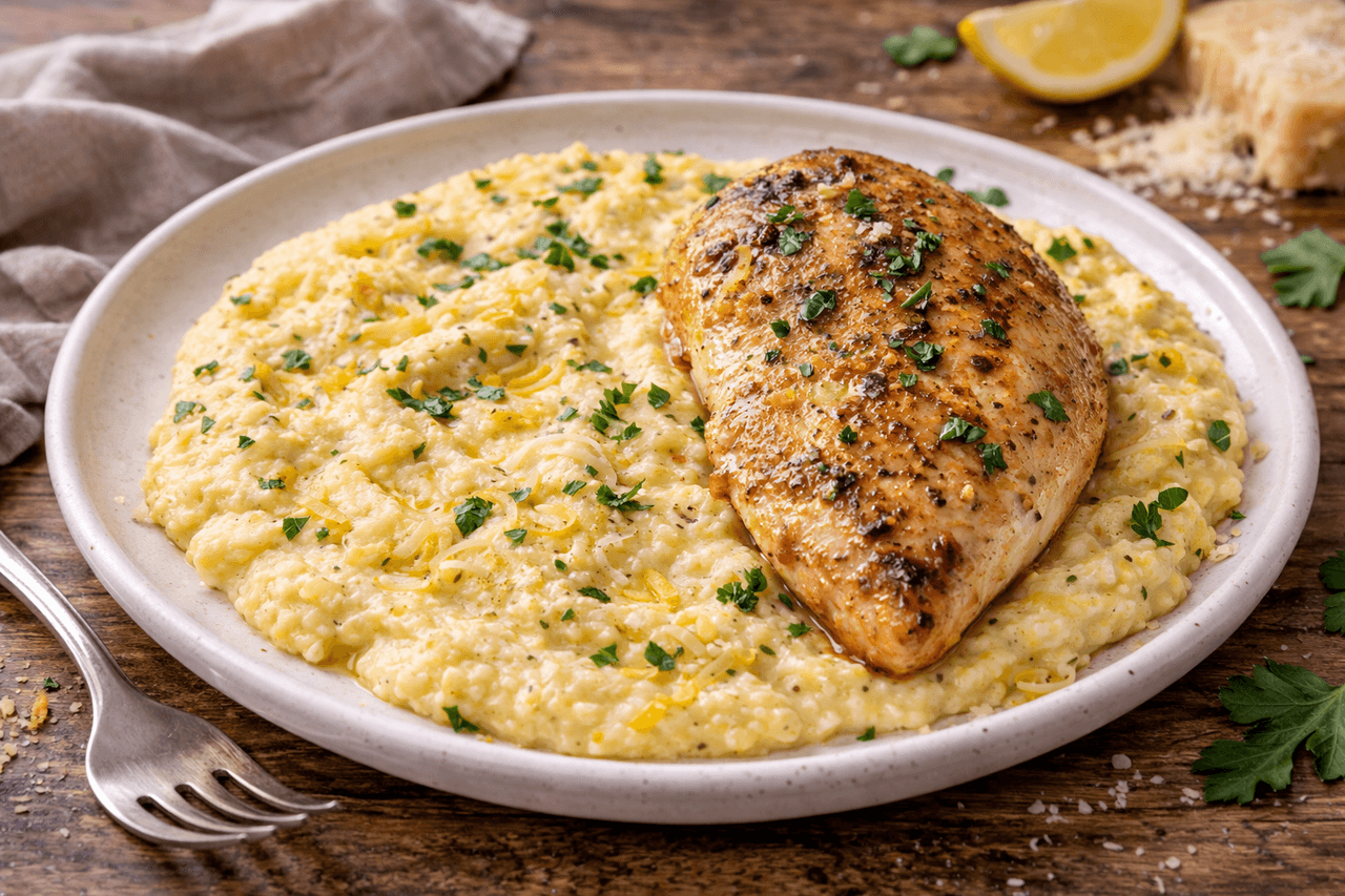 Mediterrane Hähnchenbrust mit Zitronen-Parmesan-Polenta - Saftige Hähnchenbrust auf cremiger Polenta mit Zitrone und Parmesan – aromatisch, sättigend und proteinreich. - Fitness Küche Rezept mit Nährwertberechnung