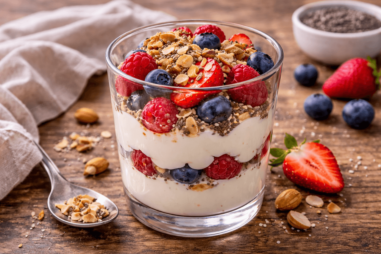Greek Yogurt Parfait mit Beeren & Nüssen - High Protein Rezept von Fitness Küche