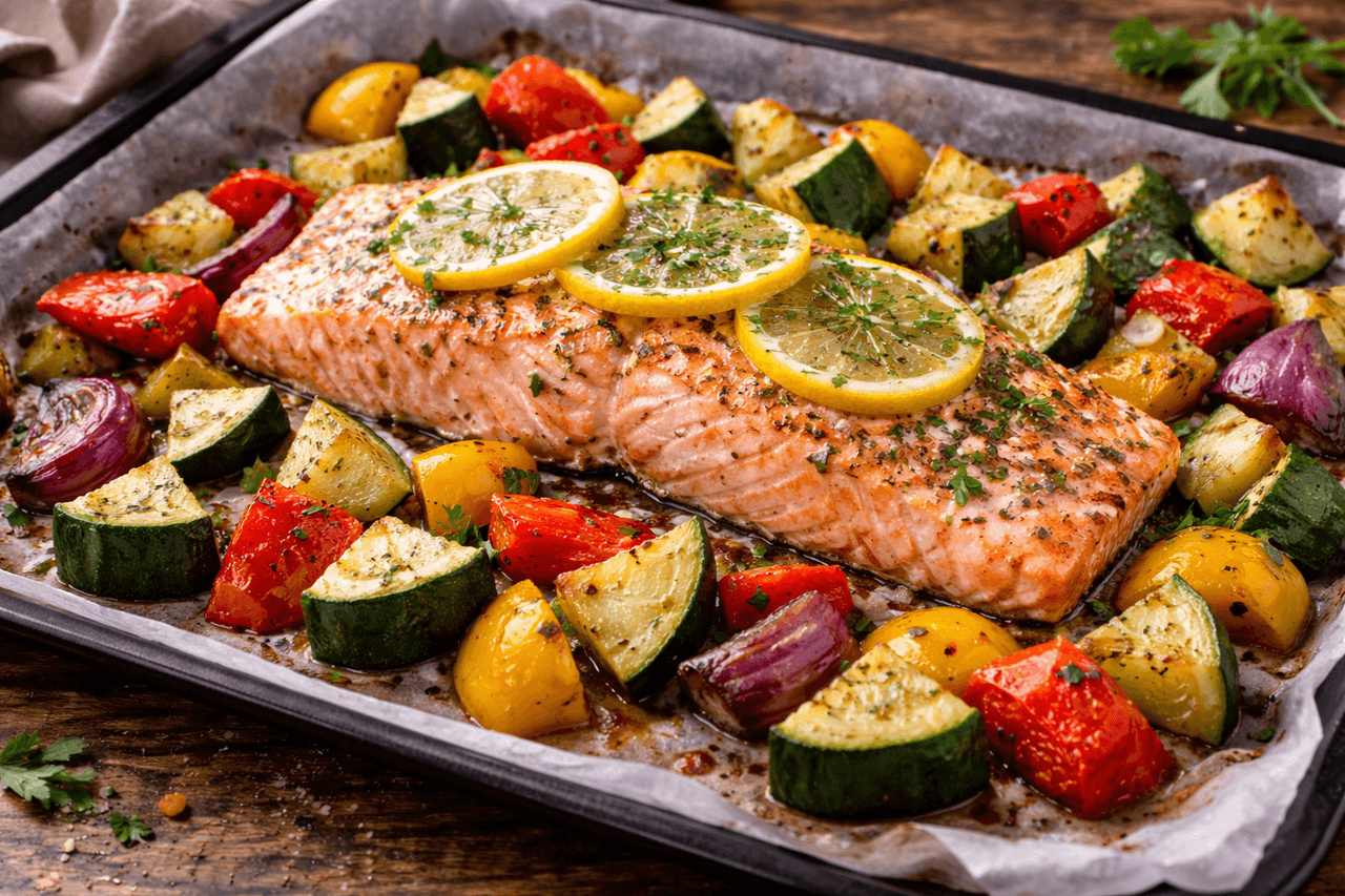 Ofenlachs mit mediterranem Gemüse - High Protein Rezept von Fitness Küche