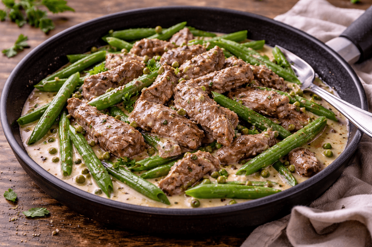 Rinderstreifen in Pfefferrahmsoße mit grünen Bohnen - High Protein Rezept von Fitness Küche
