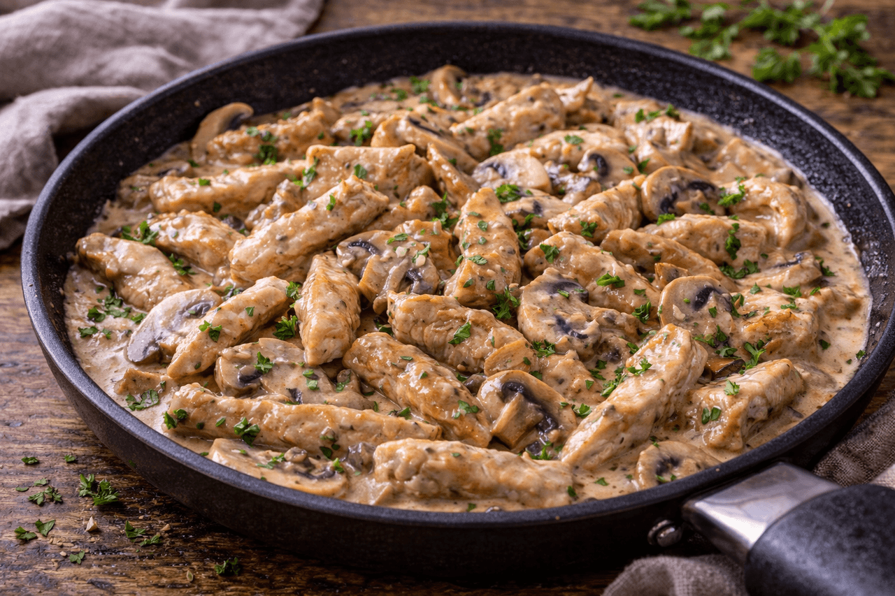 Putengeschnetzeltes mit Champignon-Rahmsoße - Zartes Putengeschnetzeltes in cremiger Champignon-Rahmsoße – ein klassisches, proteinreiches Mittagessen. - Fitness Küche Rezept mit Nährwertberechnung