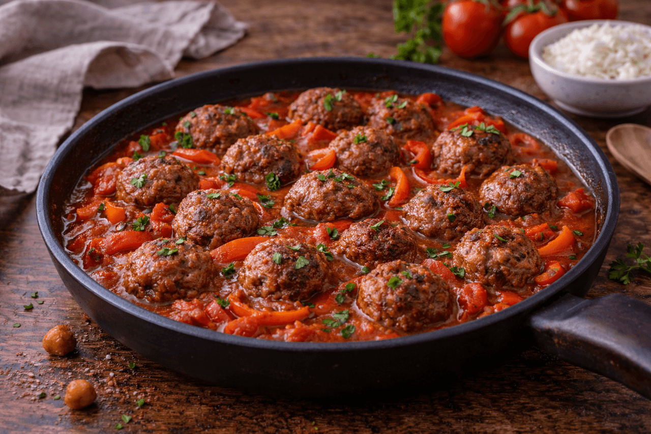 Rinderhackbällchen in Tomaten-Paprika-Soße - High Protein Rezept von Fitness Küche
