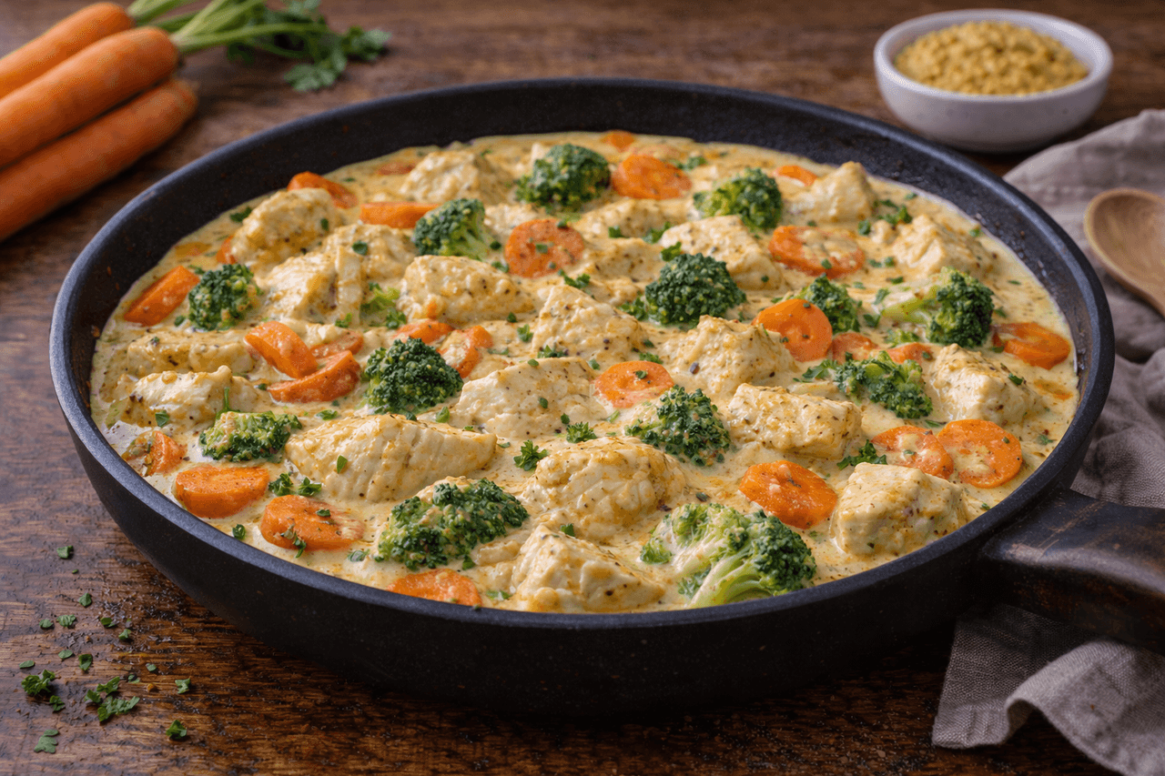 Hähnchenbrust in Senf-Sahne-Soße mit Gemüse - Saftige Hähnchenbrust in cremiger Senf-Sahne-Soße mit Gemüse – ein klassisches, proteinreiches Mittagessen. - Fitness Küche Rezept mit Nährwertberechnung