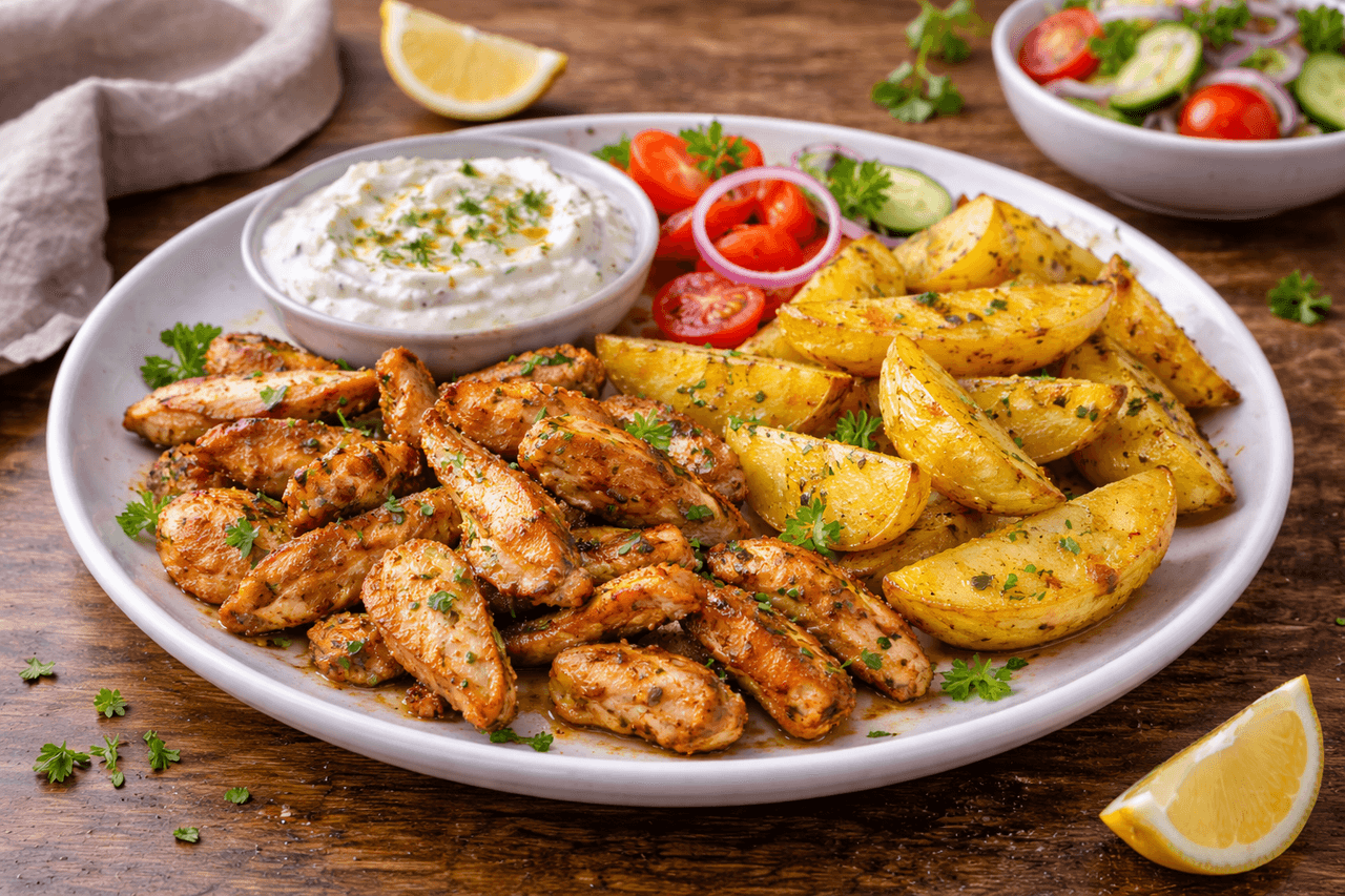 Hähnchen-Gyros mit Tzatziki und Ofenkartoffeln - Saftiges Hähnchen-Gyros mit selbstgemachtem Tzatziki und knusprigen Ofenkartoffeln – ein klassisches, proteinreiches Mittagessen. - Fitness Küche Rezept mit Nährwertberechnung
