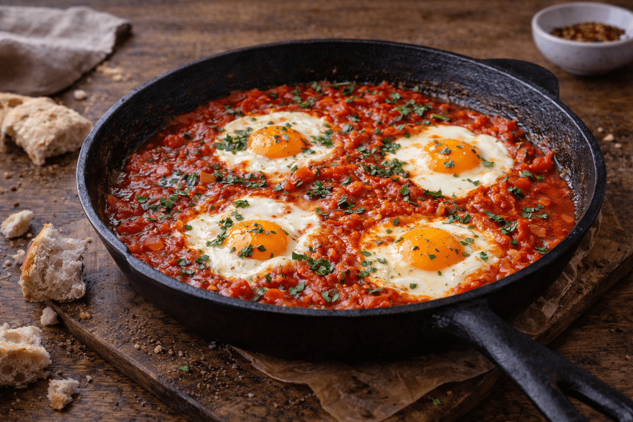 Shakshuka – Eier in Tomaten-Paprika-Soße - High Protein Rezept von Fitness Küche