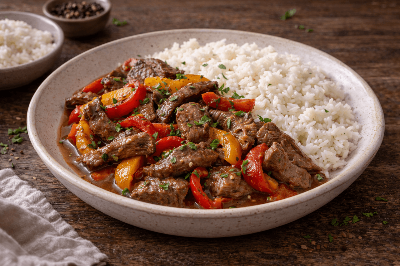 High Protein Rindergeschnetzeltes mit Paprika und Reis - Zartes Rindergeschnetzeltes mit Paprika in herzhafter Sauce – ein klassisches, proteinreiches Mittagessen. - Fitness Küche Rezept mit Nährwertberechnung