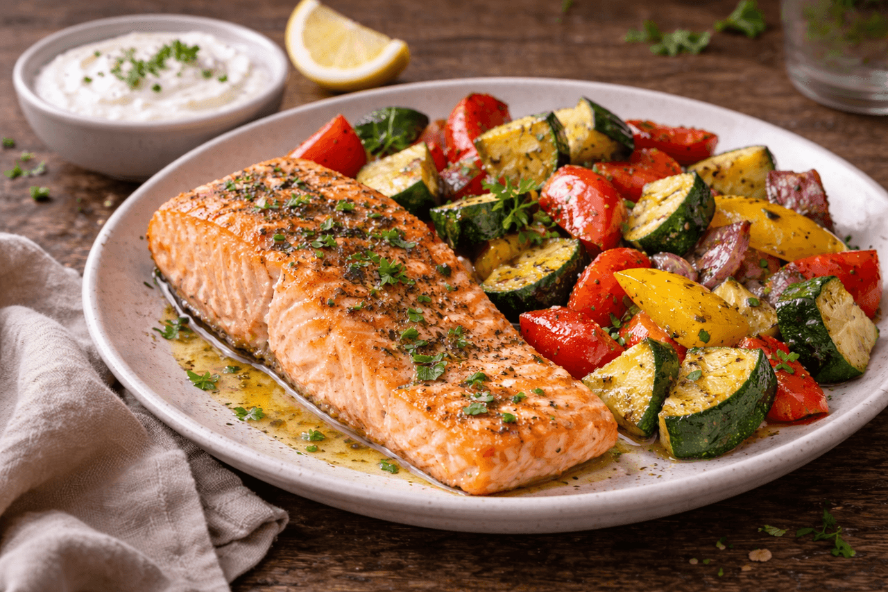 High Protein Lachsfilet mit Ofengemüse und Joghurt-Dip - Saftiges Lachsfilet mit buntem Ofengemüse und frischem Joghurt-Dip – ein ausgewogenes, proteinreiches Mittagessen. - Fitness Küche Rezept mit Nährwertberechnung