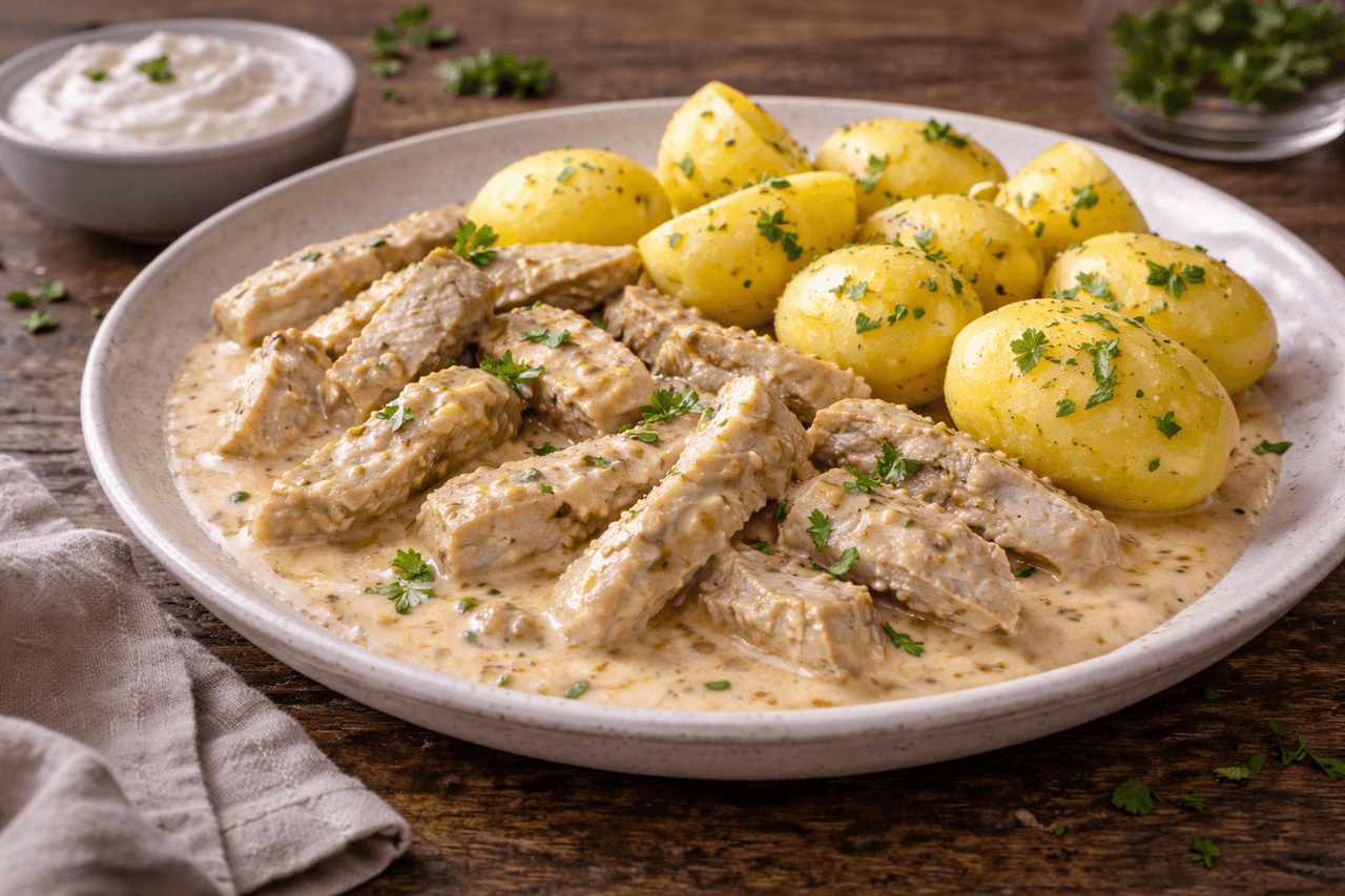 High Protein Putenbrust in Senf-Joghurt-Sauce mit Kartoffeln - Zarte Putenbrust in cremiger Senf-Joghurt-Sauce mit Salzkartoffeln – ein klassisches, proteinreiches Mittagessen. - Fitness Küche Rezept mit Nährwertberechnung