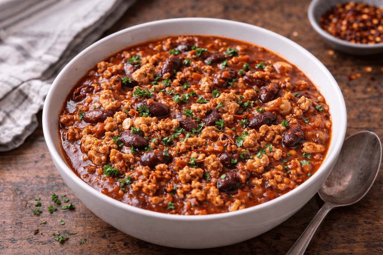 High Protein Puten-Chili - Herzhaftes Puten-Chili mit Bohnen und Tomaten – ein sättigendes, proteinreiches Mittagessen. - Fitness Küche Rezept mit Nährwertberechnung