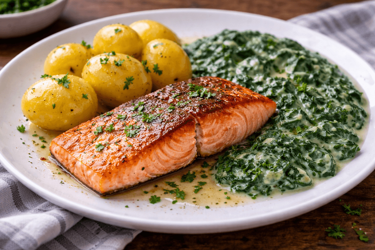 High Protein Lachs mit Kartoffeln und Spinat - High Protein Rezept von Fitness Küche