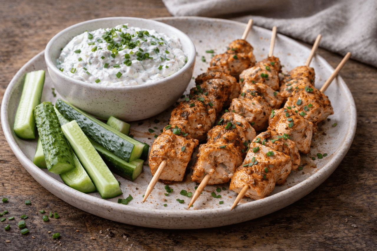 Hähnchen-Spieße mit Joghurt-Kräuter-Dip - High Protein Rezept von Fitness Küche