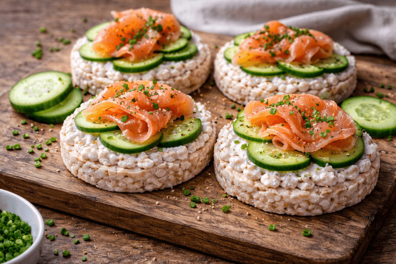 Reiswaffel-Türmchen mit Hüttenkäse, Lachs & Gurke - High Protein Rezept von Fitness Küche
