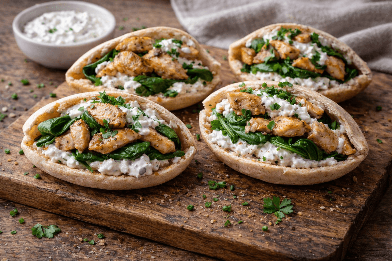 Mini-Quark-Pita mit Hähnchen & Spinat - High Protein Rezept von Fitness Küche