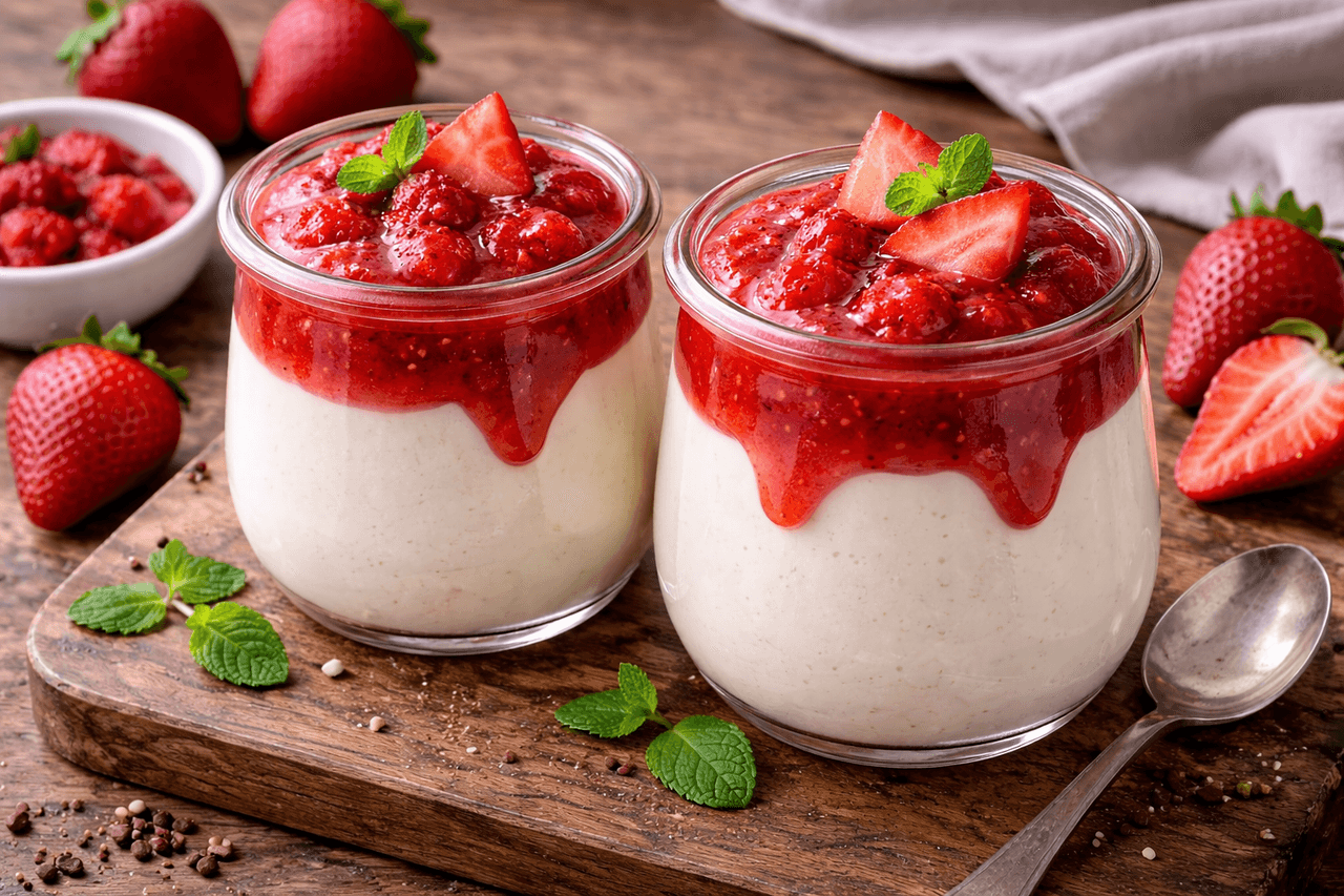 Joghurt-Panna-Cotta light mit Erdbeer-Soße - High Protein Rezept von Fitness Küche