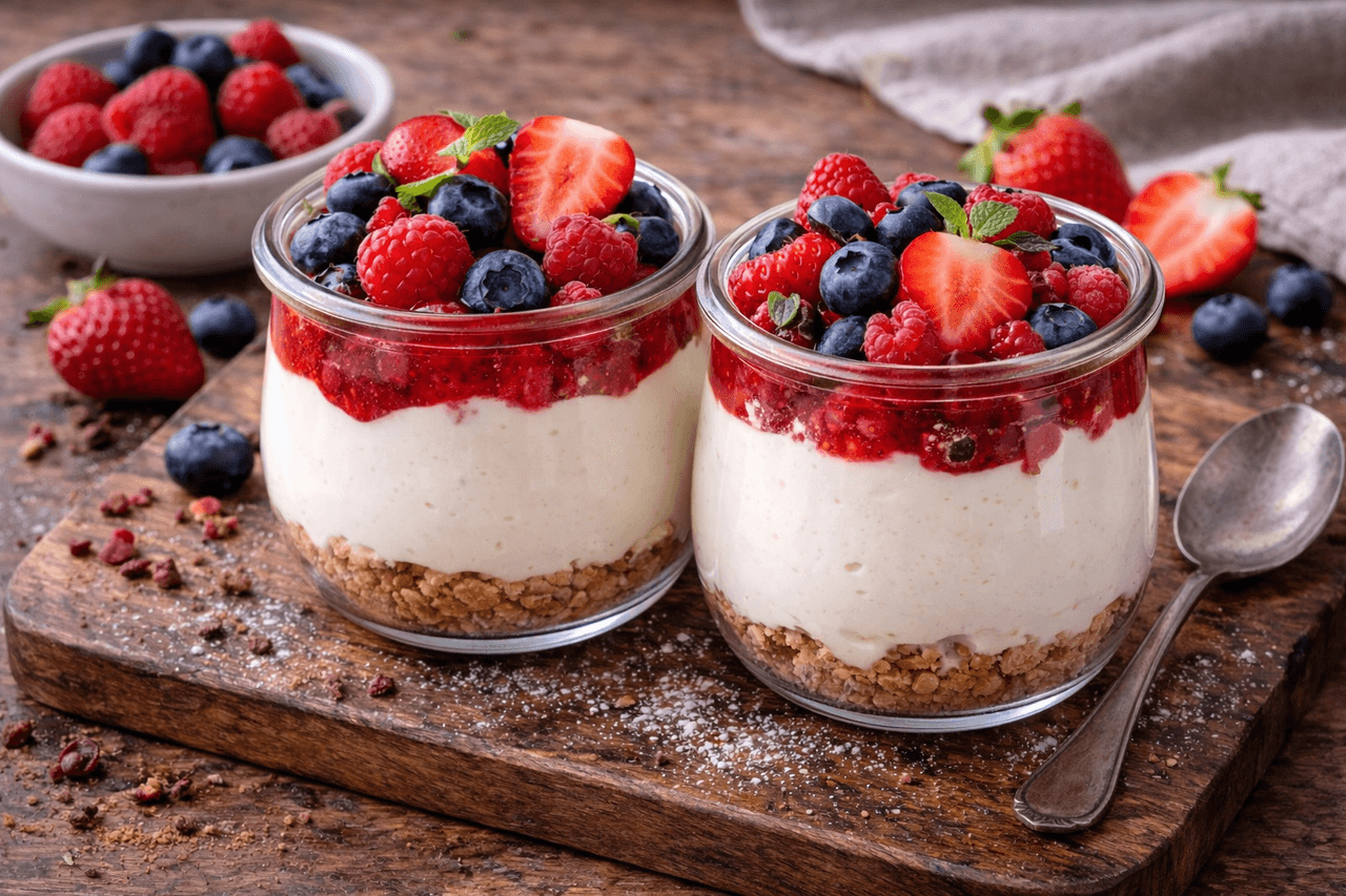 High Protein Skyr-Cheesecake im Glas mit Beeren - High Protein Rezept von Fitness Küche