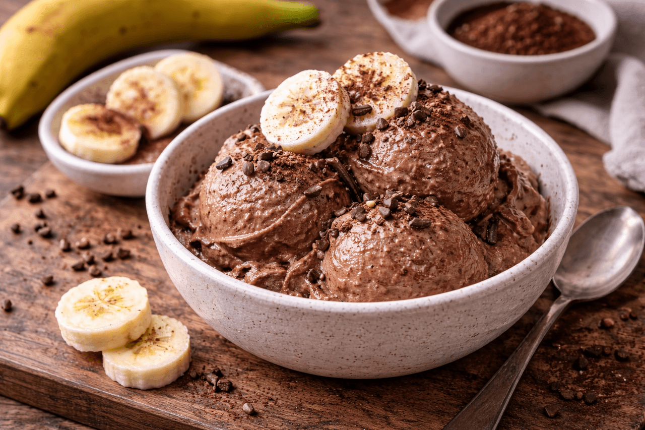Bananen-Quark-Eis (Nice Cream) mit Kakao - High Protein Rezept von Fitness Küche