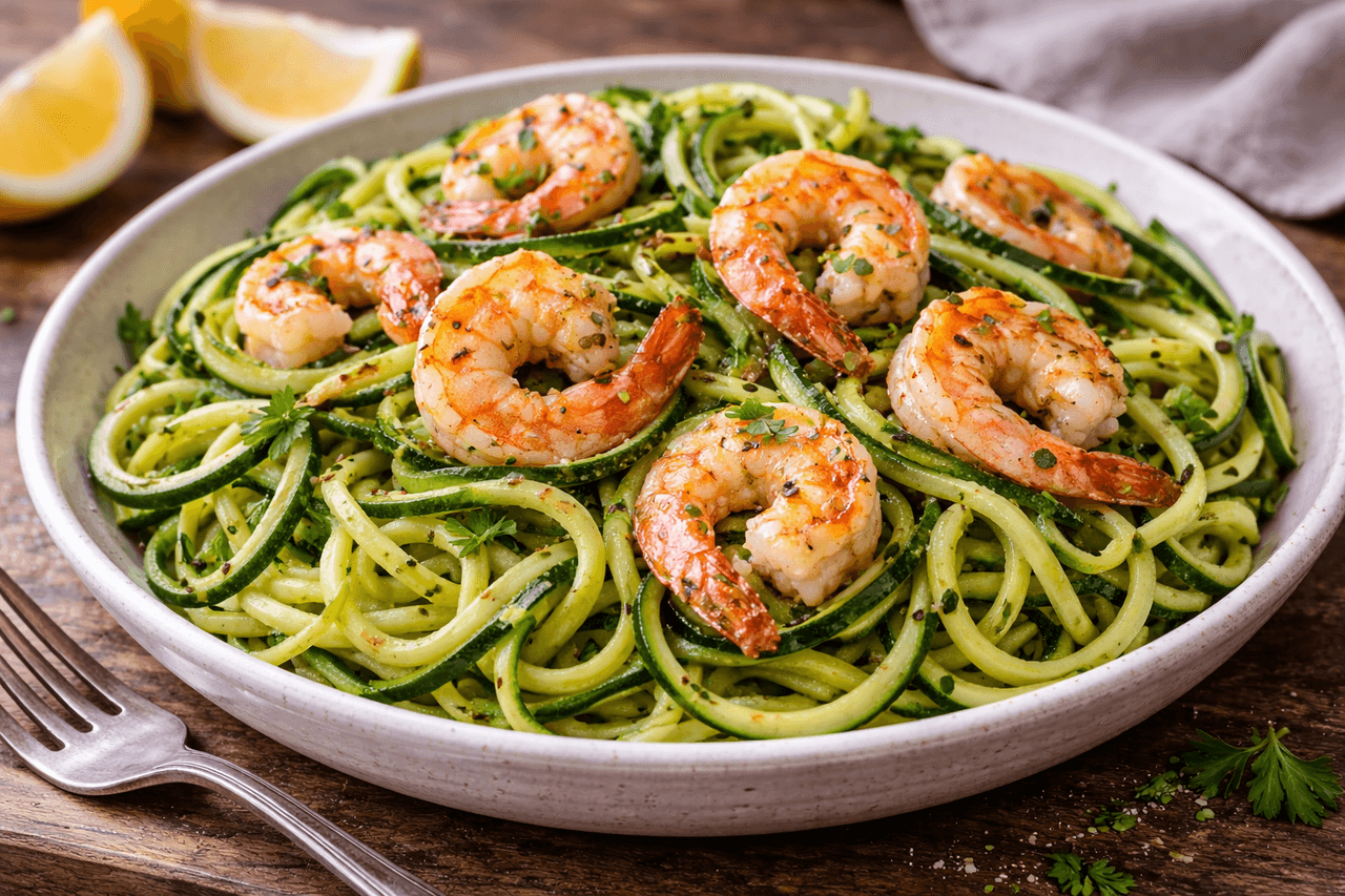 Garnelen-Zucchini-Nudeln mit Knoblauch-Zitrone - Leichte Zoodles mit saftigen Garnelen in einer frischen Knoblauch-Zitronen-Note. Low Carb und proteinreich – perfekt für ein schnelles Mittagessen. - Fitness Küche Rezept mit Nährwertberechnung