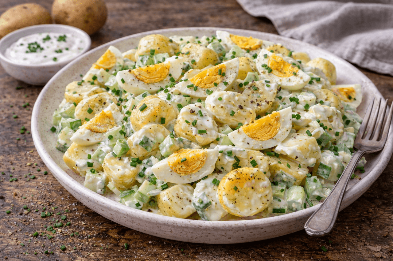 Kartoffel-Ei-Salat light mit Joghurt-Dressing - Leichter Kartoffelsalat mit Eiern und cremigem Joghurt-Dressing statt Mayo. Perfekt als sättigendes, aber fitness-taugliches Mittagessen. - Fitness Küche Rezept mit Nährwertberechnung