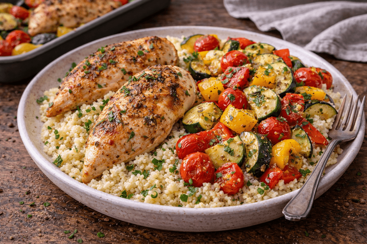 Ofen-Hähnchen mit mediterranem Gemüse & Couscous - Blechgericht für stressfreie Mittagessen: Hähnchen und mediterranes Gemüse aus dem Ofen, dazu schneller Couscous. Clean, aromatisch und gut planbar. - Fitness Küche Rezept mit Nährwertberechnung