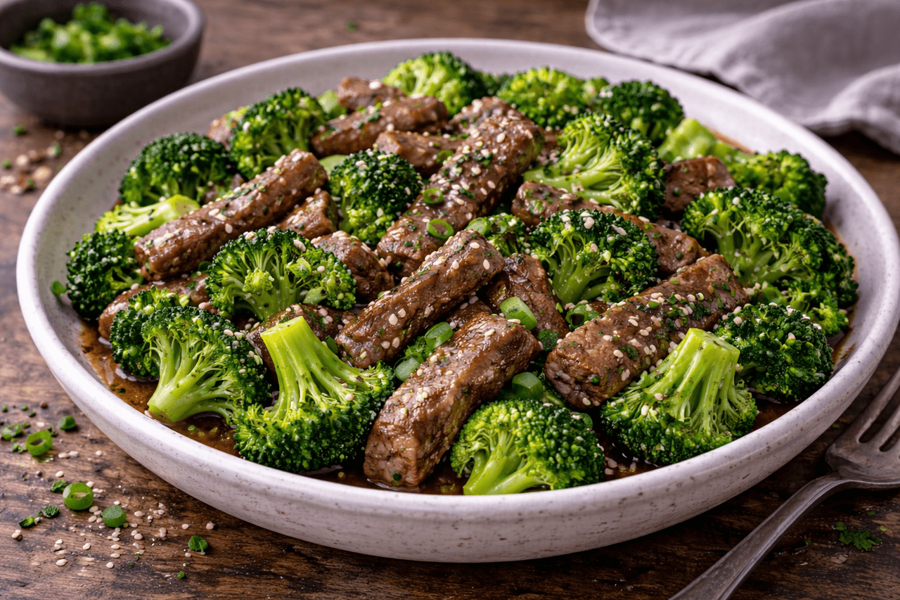 Rinderfiletstreifen mit Brokkoli & Sesam-Soja-Pfanne - Zarte Rinderstreifen mit Brokkoli in einer leichten Sesam-Soja-Note. Ein schnelles, proteinreiches Pfannengericht für die Lunch-Pause. - Fitness Küche Rezept mit Nährwertberechnung