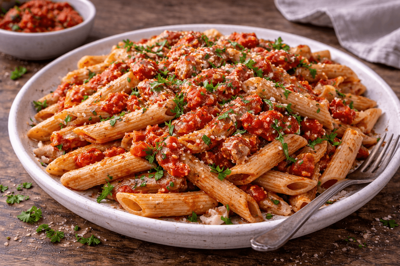 Vollkornpasta mit Thunfisch-Tomatensauce - Klassischer Lunch-Kandidat: Vollkornpasta in einer schnellen Thunfisch-Tomatensauce. Proteinreich, alltagstauglich und in unter 30 Minuten fertig. - Fitness Küche Rezept mit Nährwertberechnung