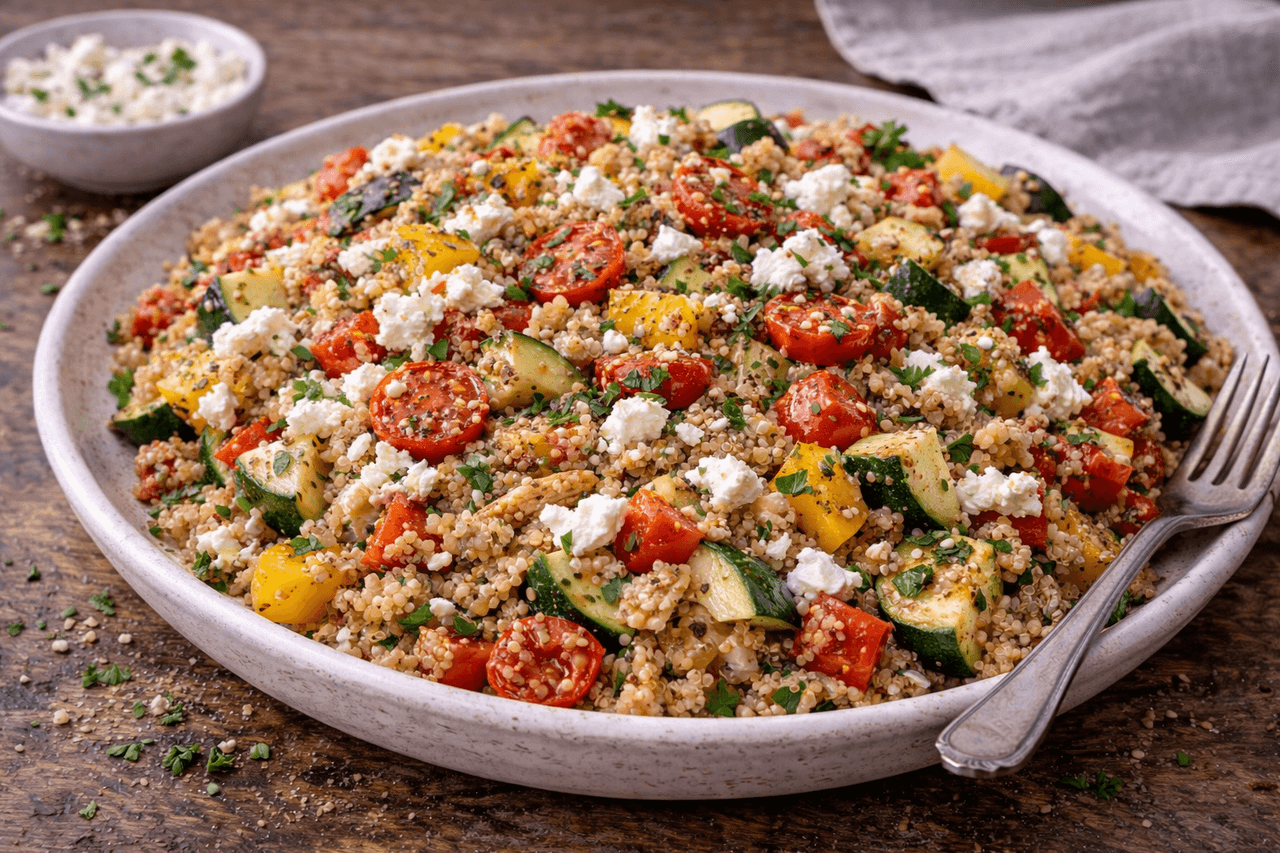 Quinoa-Gemüse-Pfanne mit Feta - Bunte Quinoa-Pfanne mit viel Gemüse und Feta für extra Geschmack. Ein unkompliziertes, ausgewogenes Mittagessen mit gutem Sättigungsfaktor. - Fitness Küche Rezept mit Nährwertberechnung