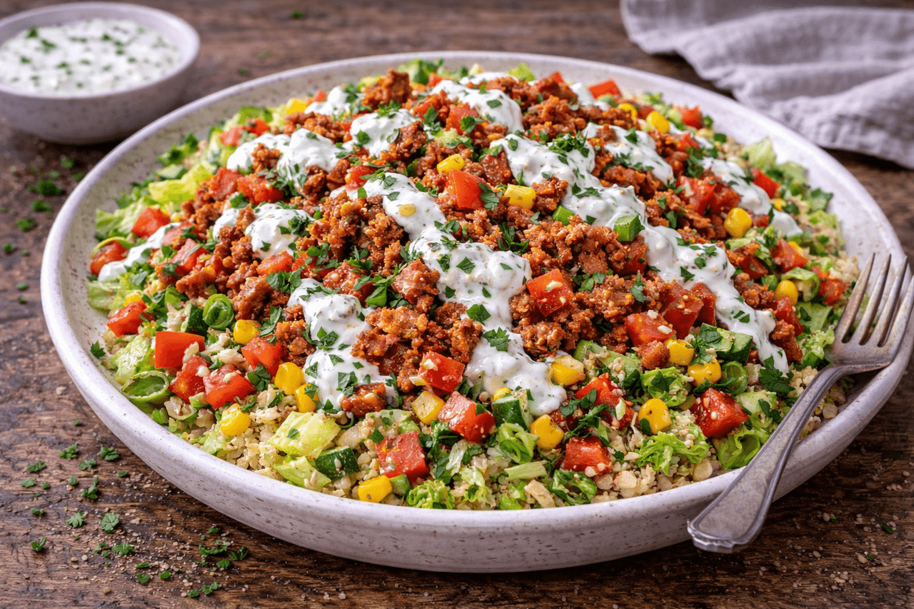 Puten-Taco-Salat mit Joghurt-Limetten-Dressing - Würziger Puten-Taco-Salat mit viel Crunch und einem leichten Joghurt-Limetten-Dressing. Low Carb, proteinreich und perfekt als schnelles Lunch-Bowl-Rezept. - Fitness Küche Rezept mit Nährwertberechnung