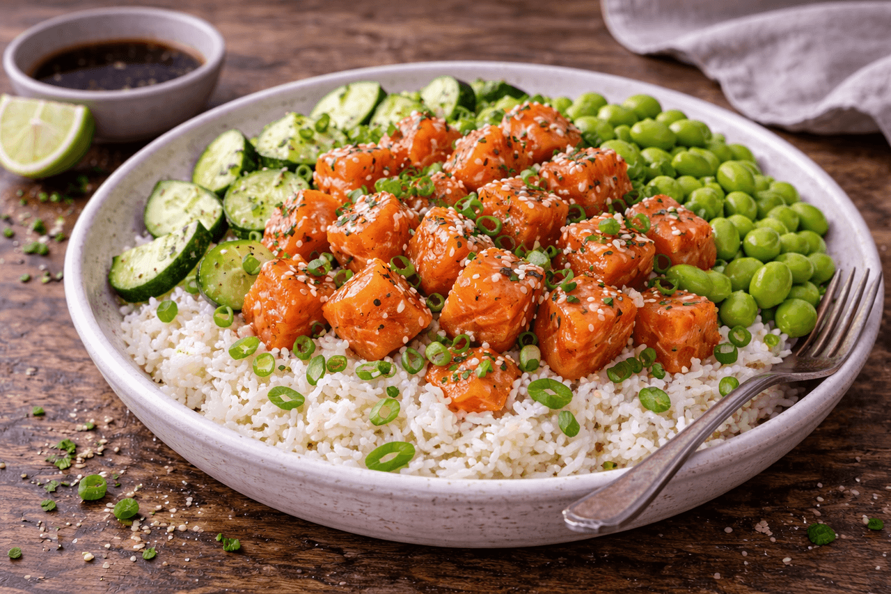 Lachs-Poke-Bowl mit Reis, Gurke & Edamame - Frische Bowl mit Lachs, Reis, Gurke und Edamame in einer leichten Soja-Limetten-Marinade. Ideal, wenn du ein schnelles, cleanes Mittagessen willst. - Fitness Küche Rezept mit Nährwertberechnung