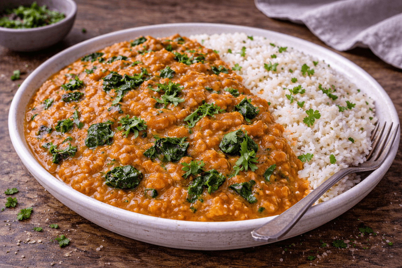 Rotes Linsen-Dal mit Spinat & Reis - Cremiges Dal aus roten Linsen mit Spinat, mild gewürzt und perfekt für Meal Prep. Dazu etwas Reis für eine saubere, ausgewogene Mittagsschale. - Fitness Küche Rezept mit Nährwertberechnung