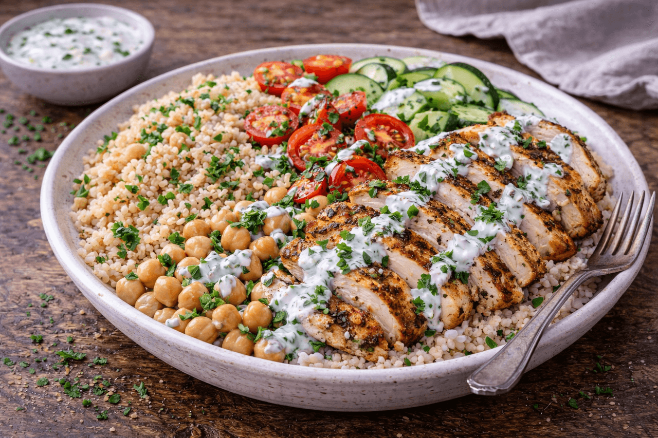 High Protein Hähnchen-Bulgur-Bowl mit Joghurt-Kräuter-Sauce - Saftiges Hähnchen auf lockerem Bulgur mit knackigem Gemüse und einer frischen Joghurt-Kräuter-Sauce. Ein ausgewogenes Fitness-Mittagessen, das satt macht ohne zu schwer zu sein. - Fitness Küche Rezept mit Nährwertberechnung