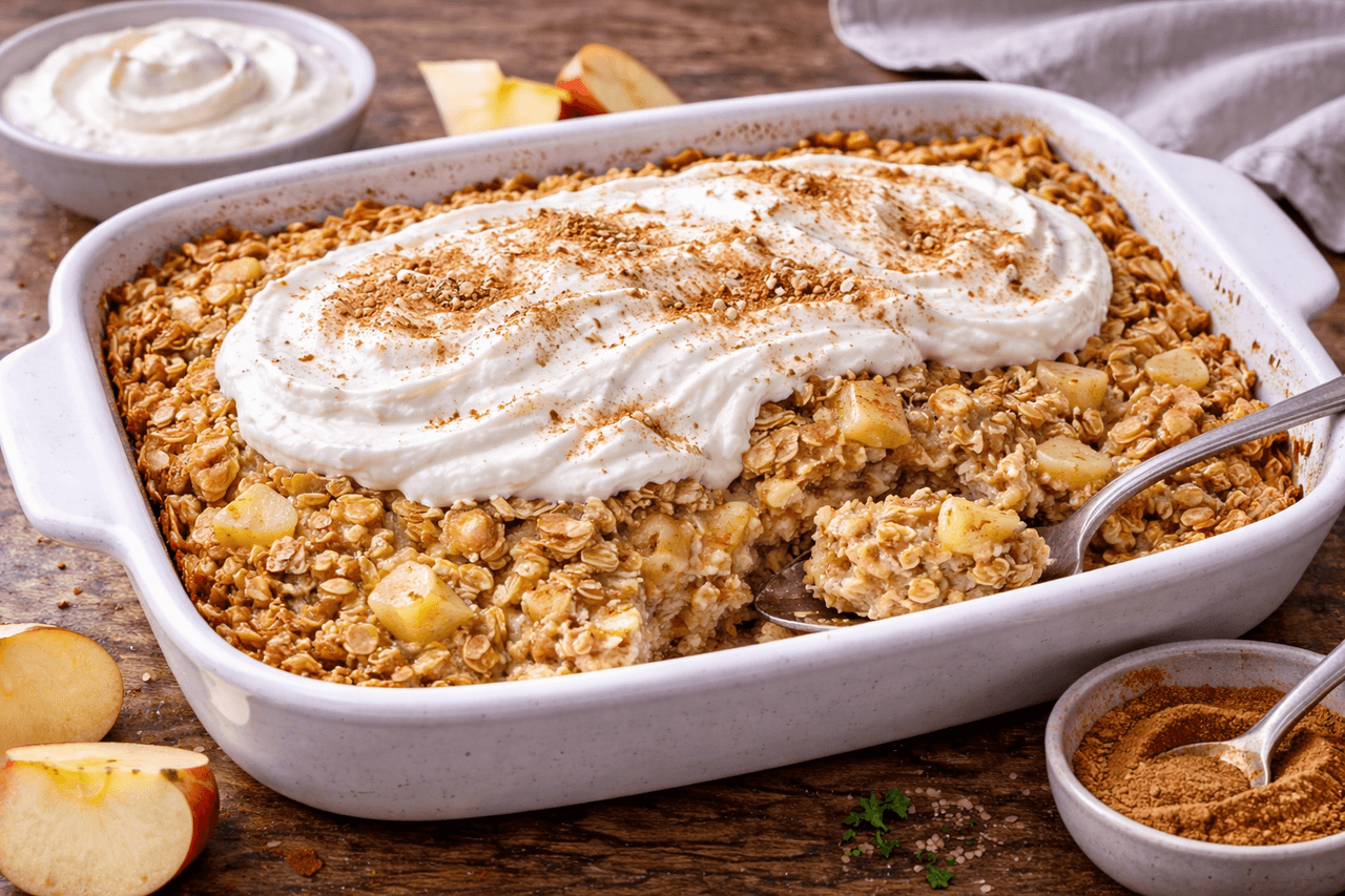 Baked Oats mit Apfel & Skyr-Topping - High Protein Rezept von Fitness Küche