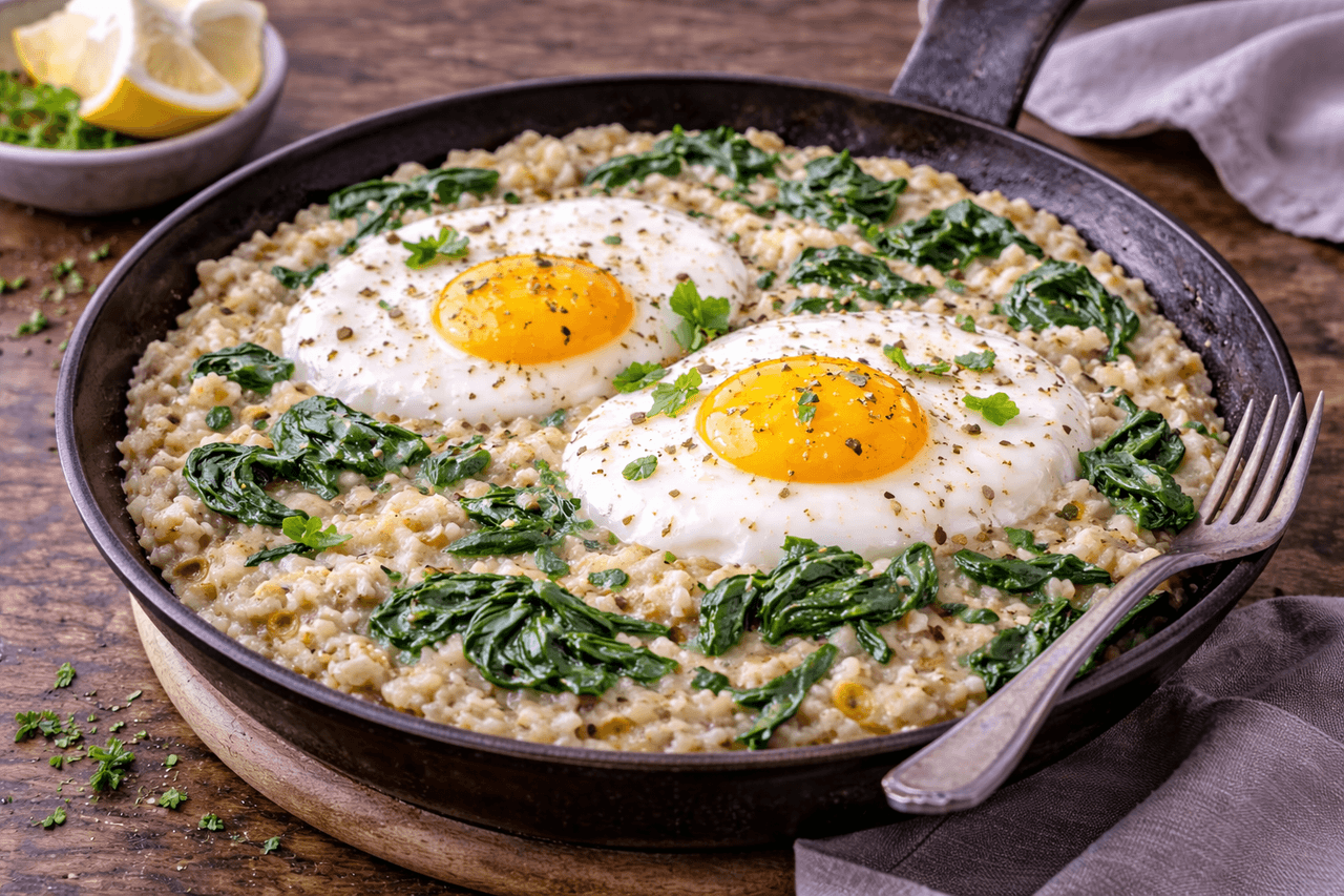 Herzhafte Hafer-Pfanne (Oatmeal) mit Ei & Spinat - High Protein Rezept von Fitness Küche