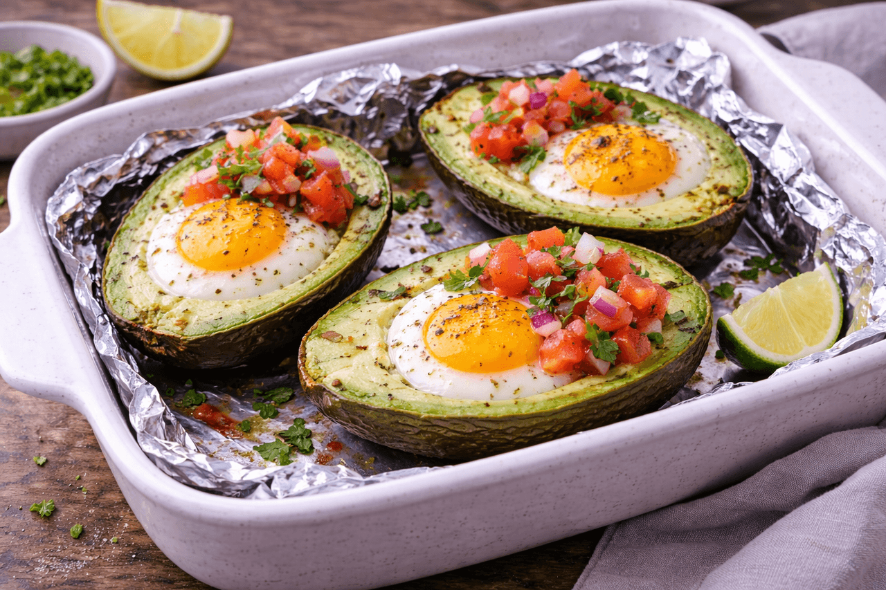 Baked Eggs in Avocado mit Tomaten-Salsa - High Protein Rezept von Fitness Küche