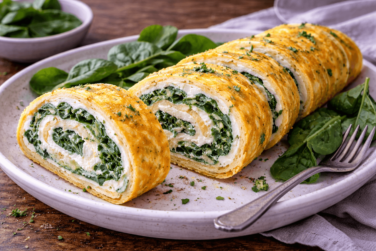 Low Carb Omelett-Rolle mit Spinat & Frischkäse - High Protein Rezept von Fitness Küche