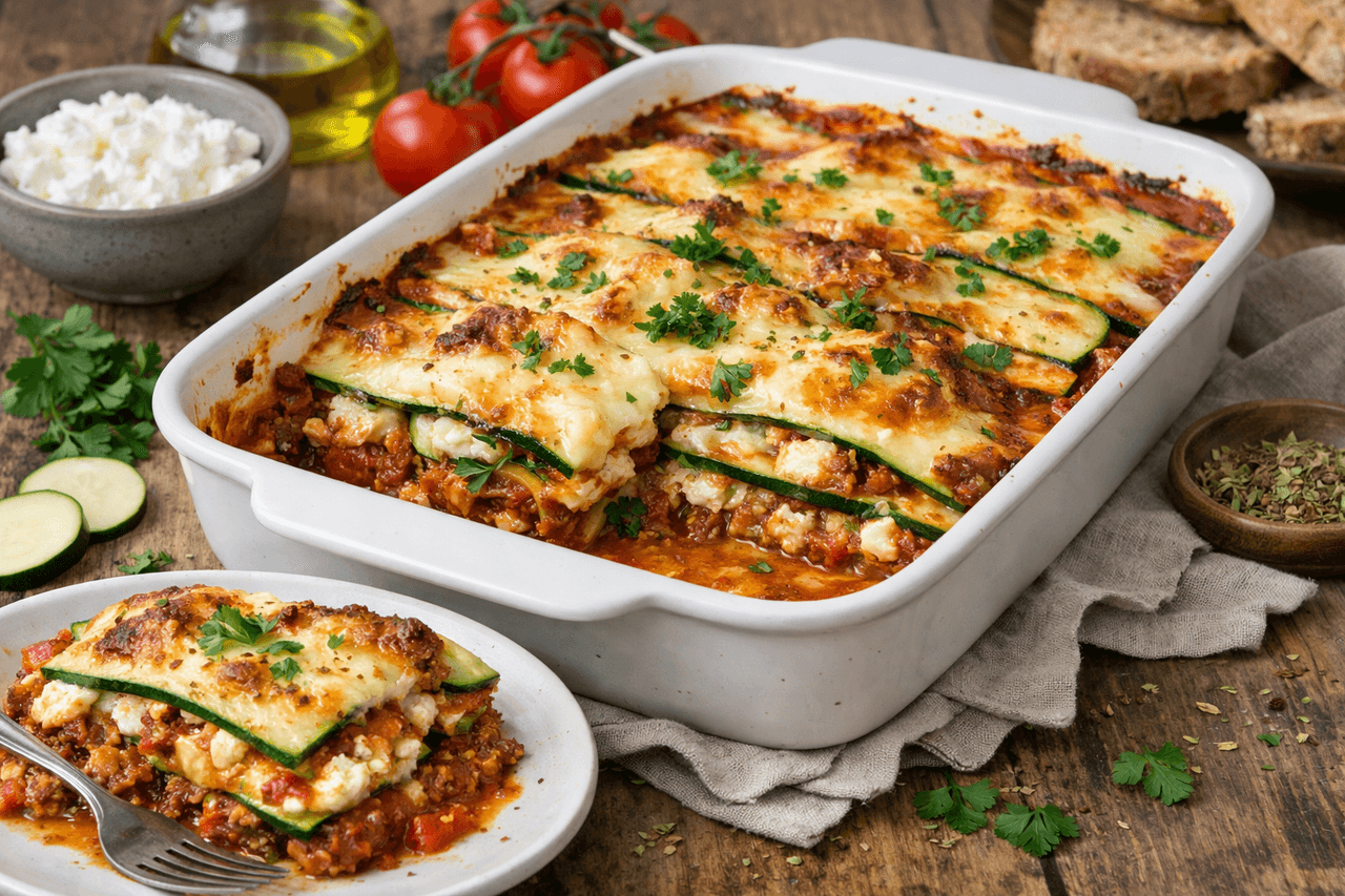 Zucchini-Lasagne light mit Hüttenkäse & Rinderhack - High Protein Rezept von Fitness Küche