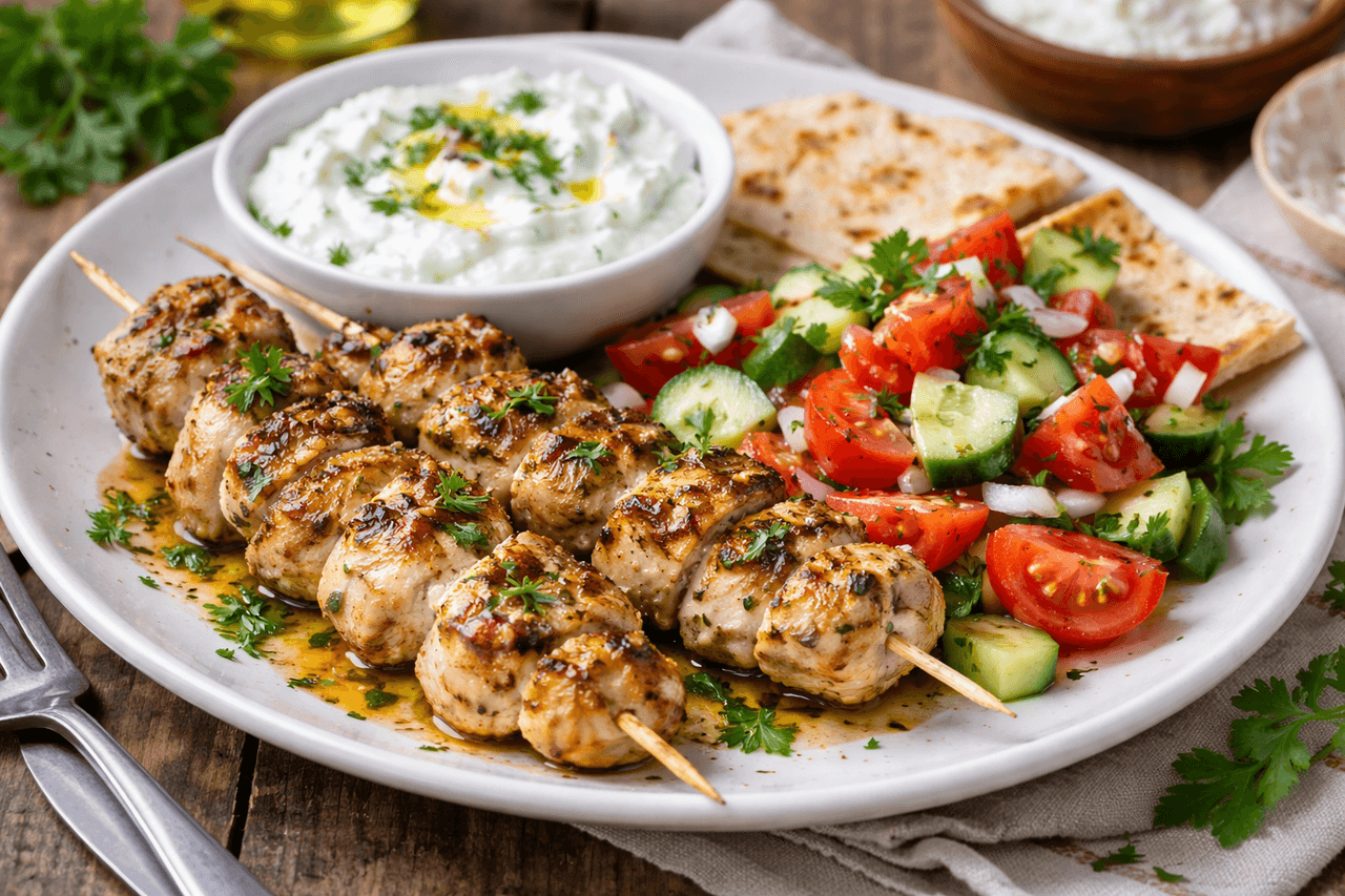 Greek-Style Hähnchen-Souvlaki mit Tzatziki & Tomaten-Gurken-Salat - High Protein Rezept von Fitness Küche