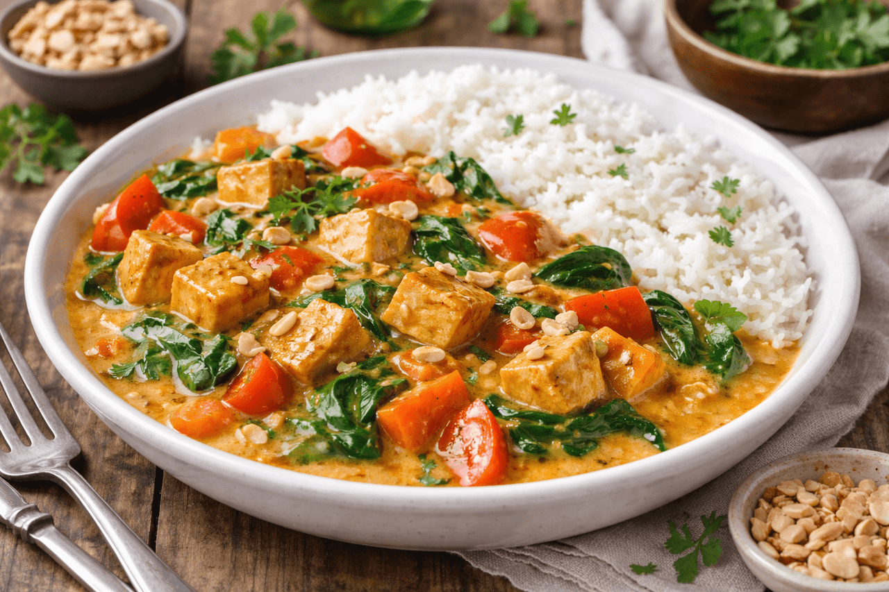 Tofu-Erdnuss-Gemüse-Curry mit Spinat & Reis - High Protein Rezept von Fitness Küche