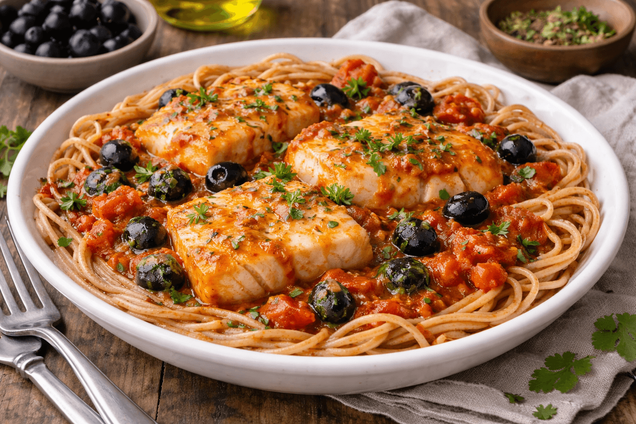 Kabeljau in Tomaten-Oliven-Sauce mit Vollkornpasta - High Protein Rezept von Fitness Küche