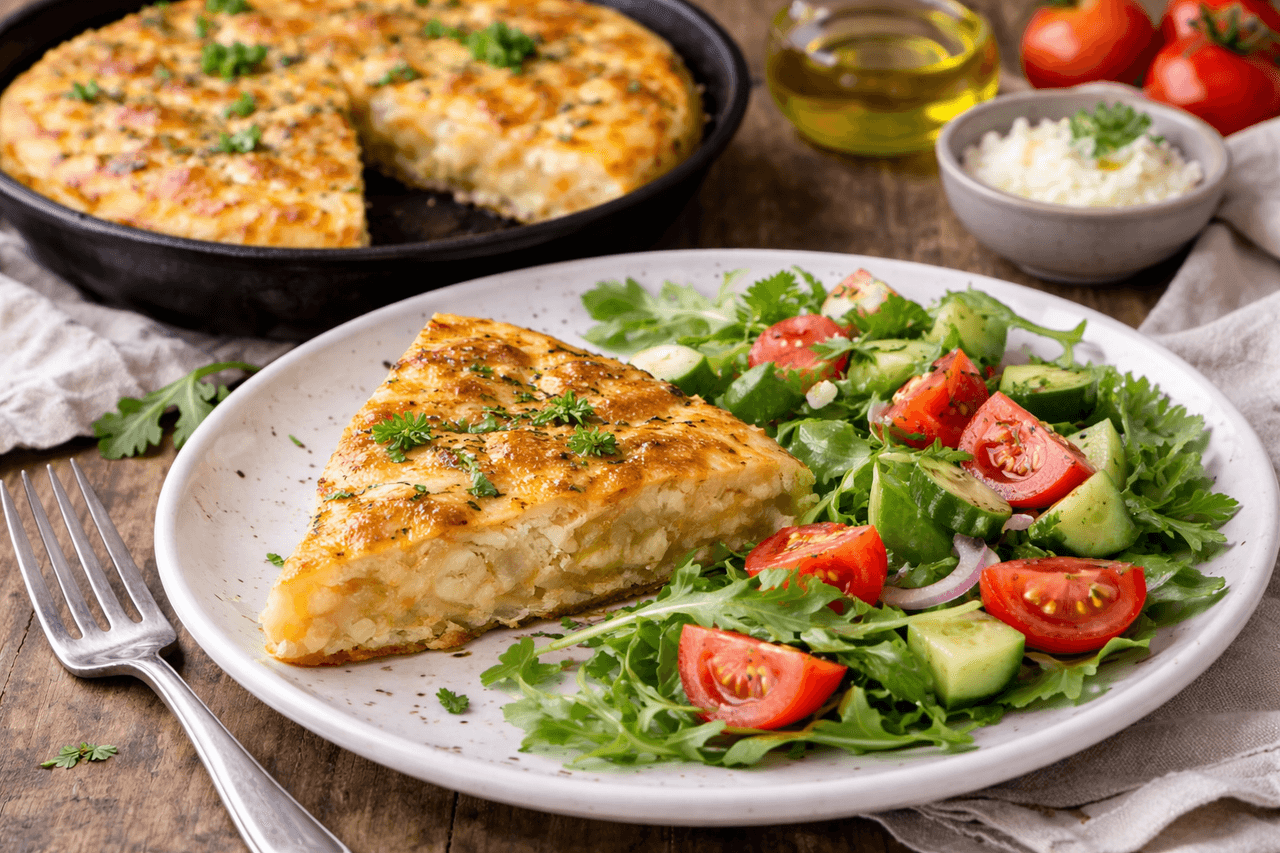 Tortilla-Spanische Kartoffelpfanne (leichte Tortilla) mit Salat - High Protein Rezept von Fitness Küche