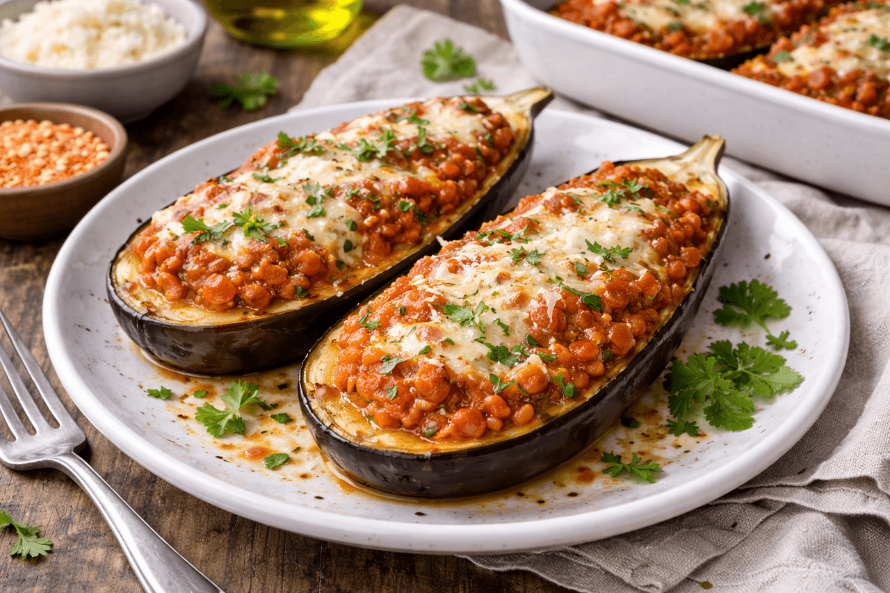 Gebackene Aubergine mit Tomaten-Linsen-Ragù & Parmesan - High Protein Rezept von Fitness Küche