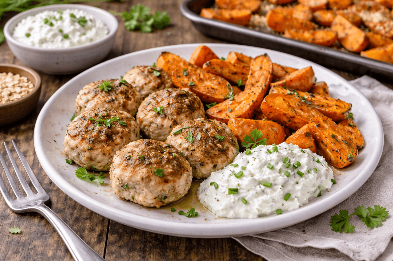 Puten-Frikadellen mit Ofen-Süßkartoffel & Kräuterquark - High Protein Rezept von Fitness Küche