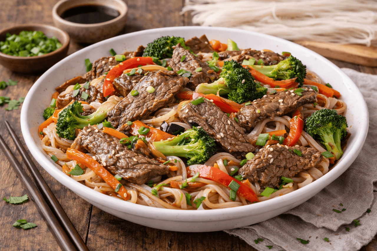 Rindfleisch-Gemüse-Wok mit Reisnudeln & Ingwer-Sojasauce - High Protein Rezept von Fitness Küche