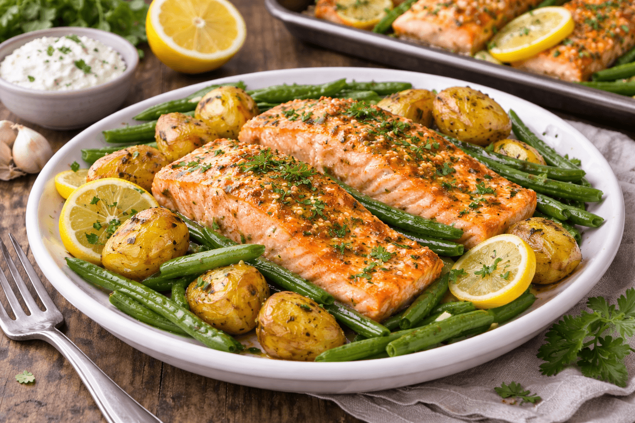 Lachs aus dem Ofen mit grünen Bohnen & Zitronen-Kartoffeln - High Protein Rezept von Fitness Küche