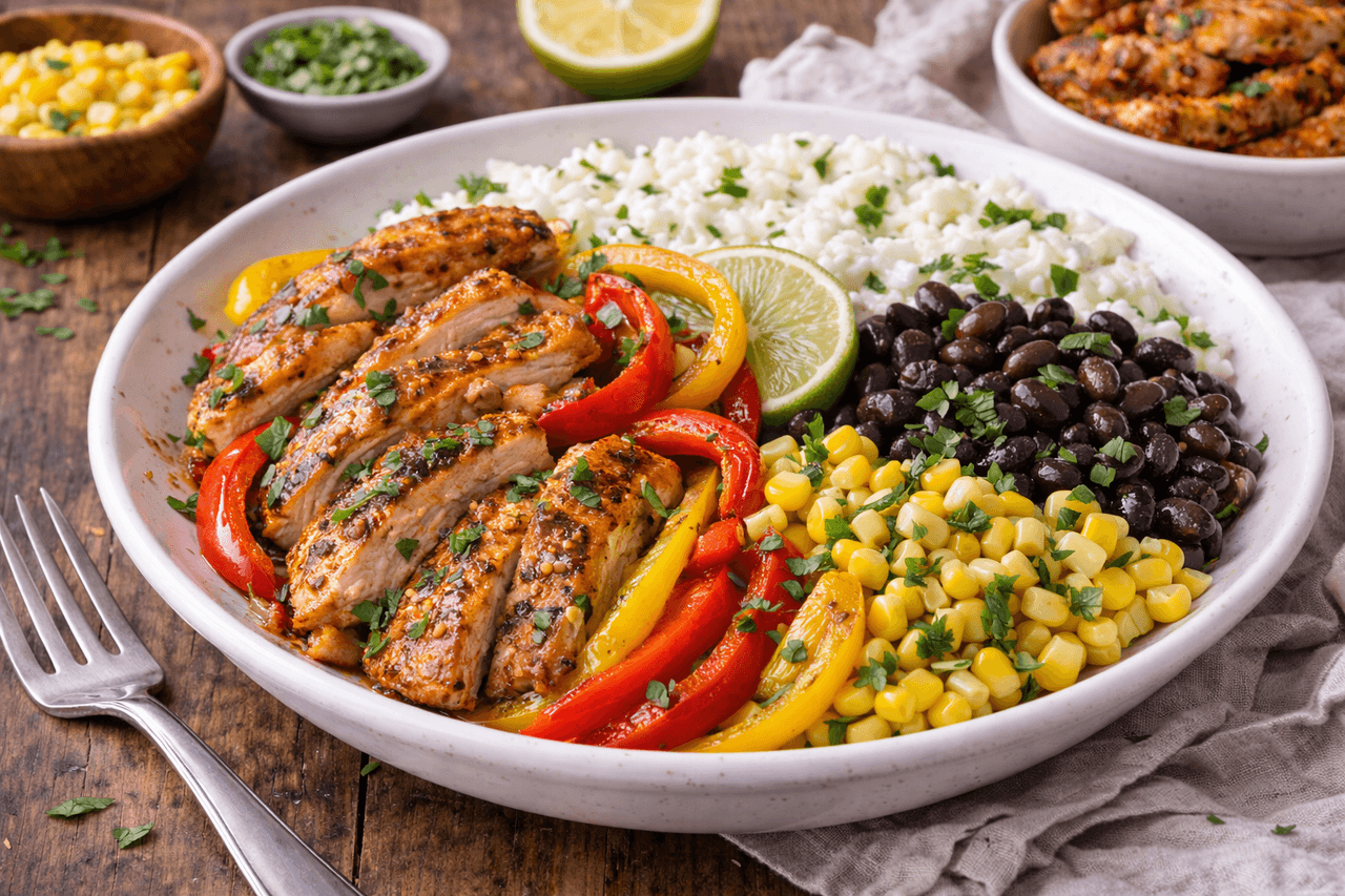 Hähnchen-Fajita-Bowl mit Paprika, Bohnen & Limettenjoghurt - High Protein Rezept von Fitness Küche