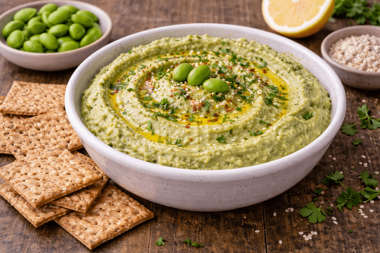 Edamame-Hummus mit Vollkorn-Crackern - High Protein Rezept von Fitness Küche