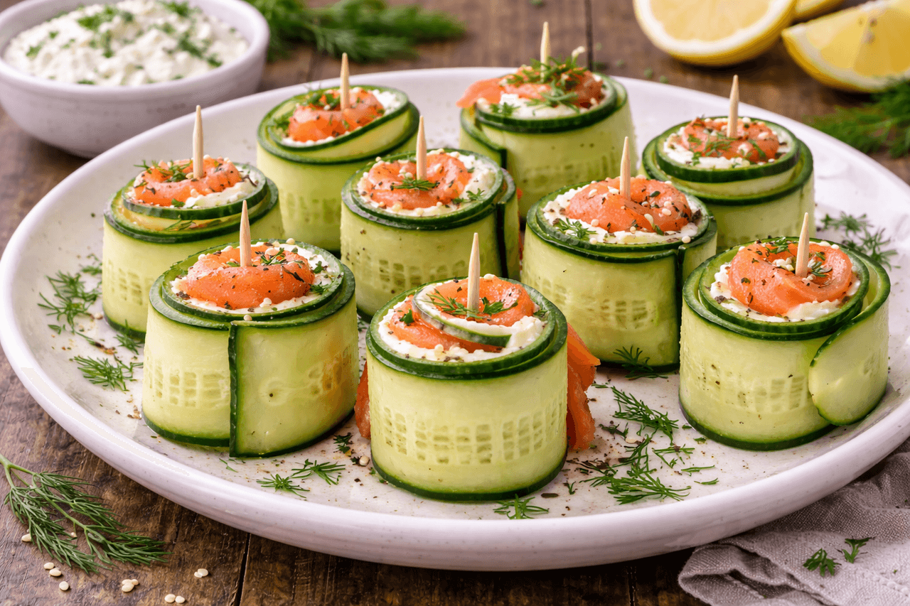 Low Carb Gurken-Lachs-Röllchen mit Frischkäse - High Protein Rezept von Fitness Küche