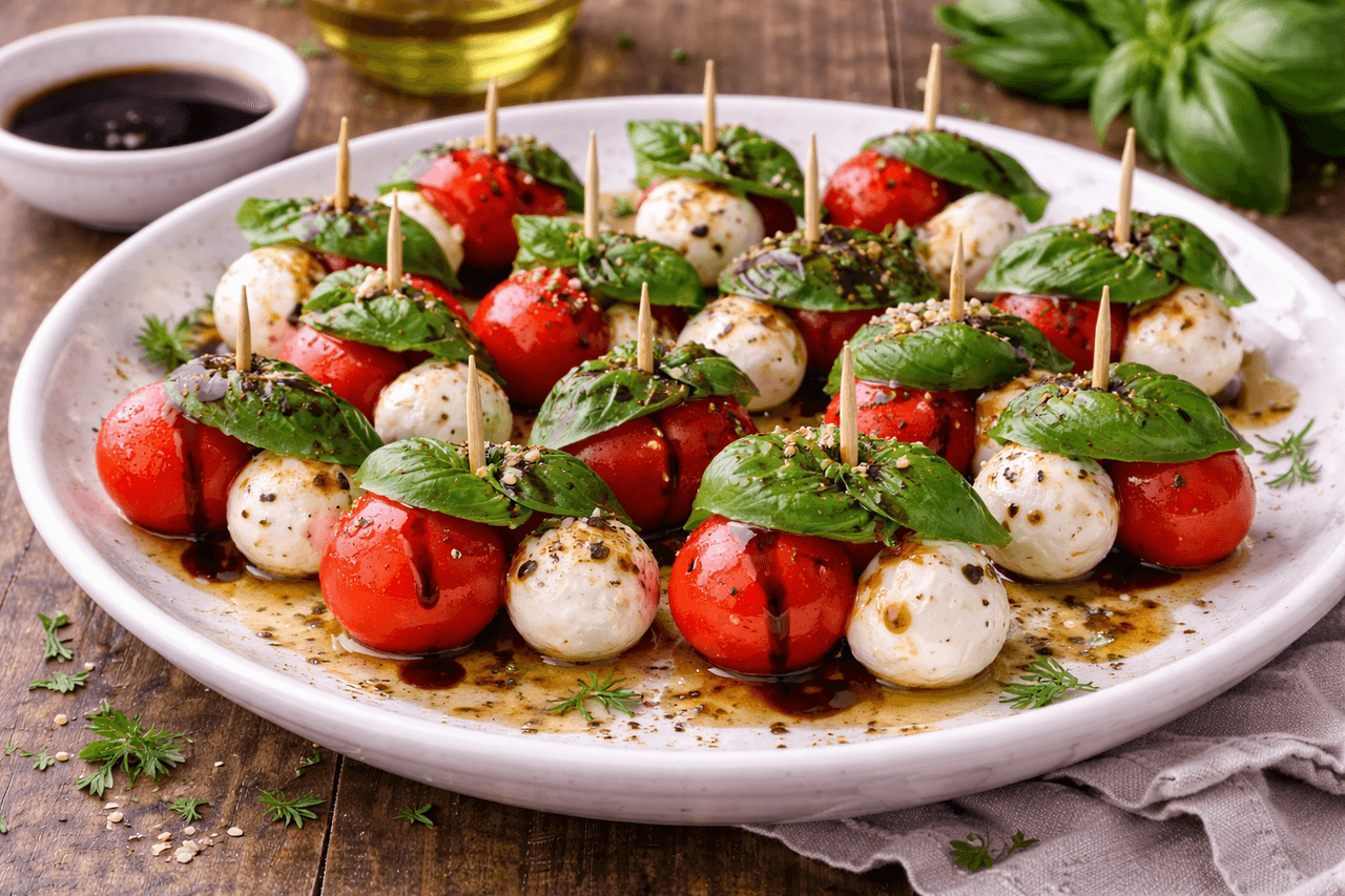 Low Carb Caprese-Spieße mit Mozzarella & Tomaten - High Protein Rezept von Fitness Küche