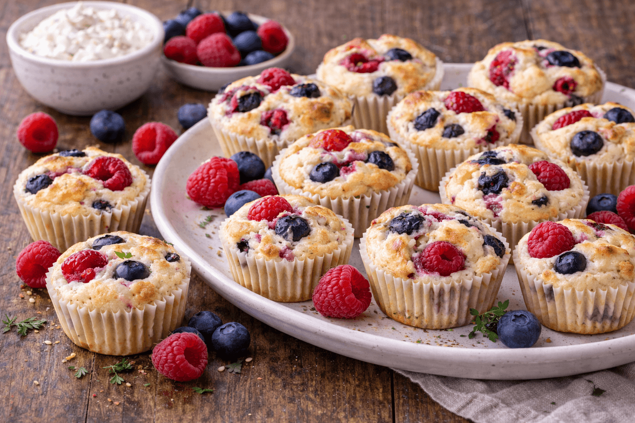 High Protein Quark-Mini-Muffins mit Beeren - High Protein Rezept von Fitness Küche