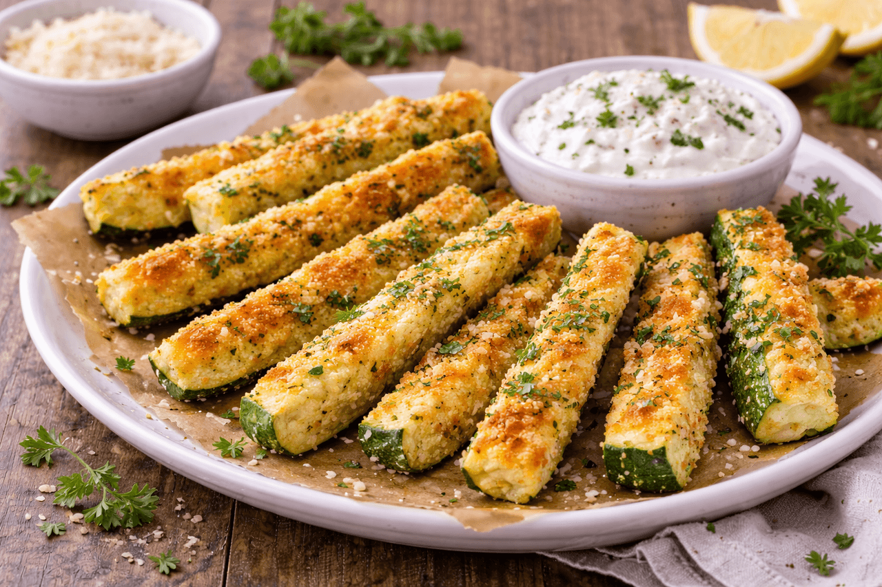 Crispy Parmesan-Zucchini-Sticks mit Joghurt-Knoblauch-Dip - High Protein Rezept von Fitness Küche
