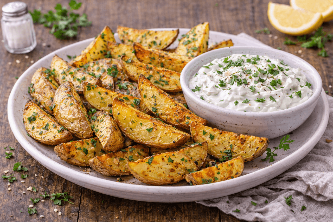 High Protein Skyr-Kräuter-Dip mit Ofen-Kartoffel-Wedges - High Protein Rezept von Fitness Küche